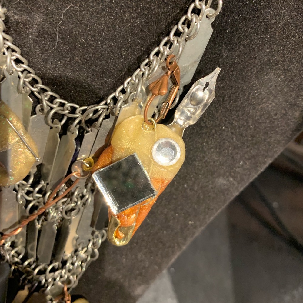 Long silver steam punk necklace w/ resin charms